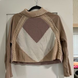Free People Turtleneck Cropped Beige & Pink Sweater, Small